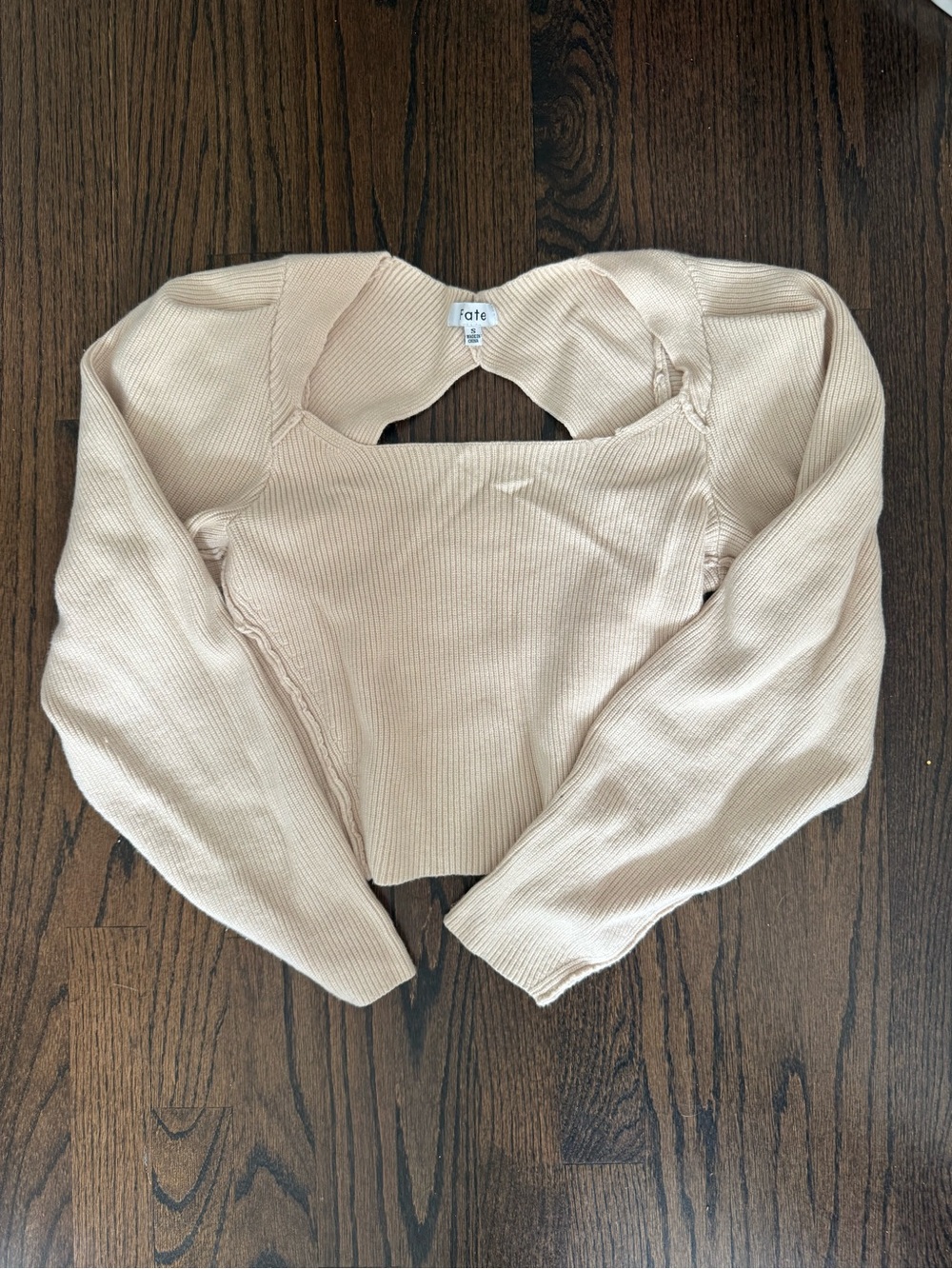 Fate Ribbed Long Sleeve Cutout Sweater in Beige